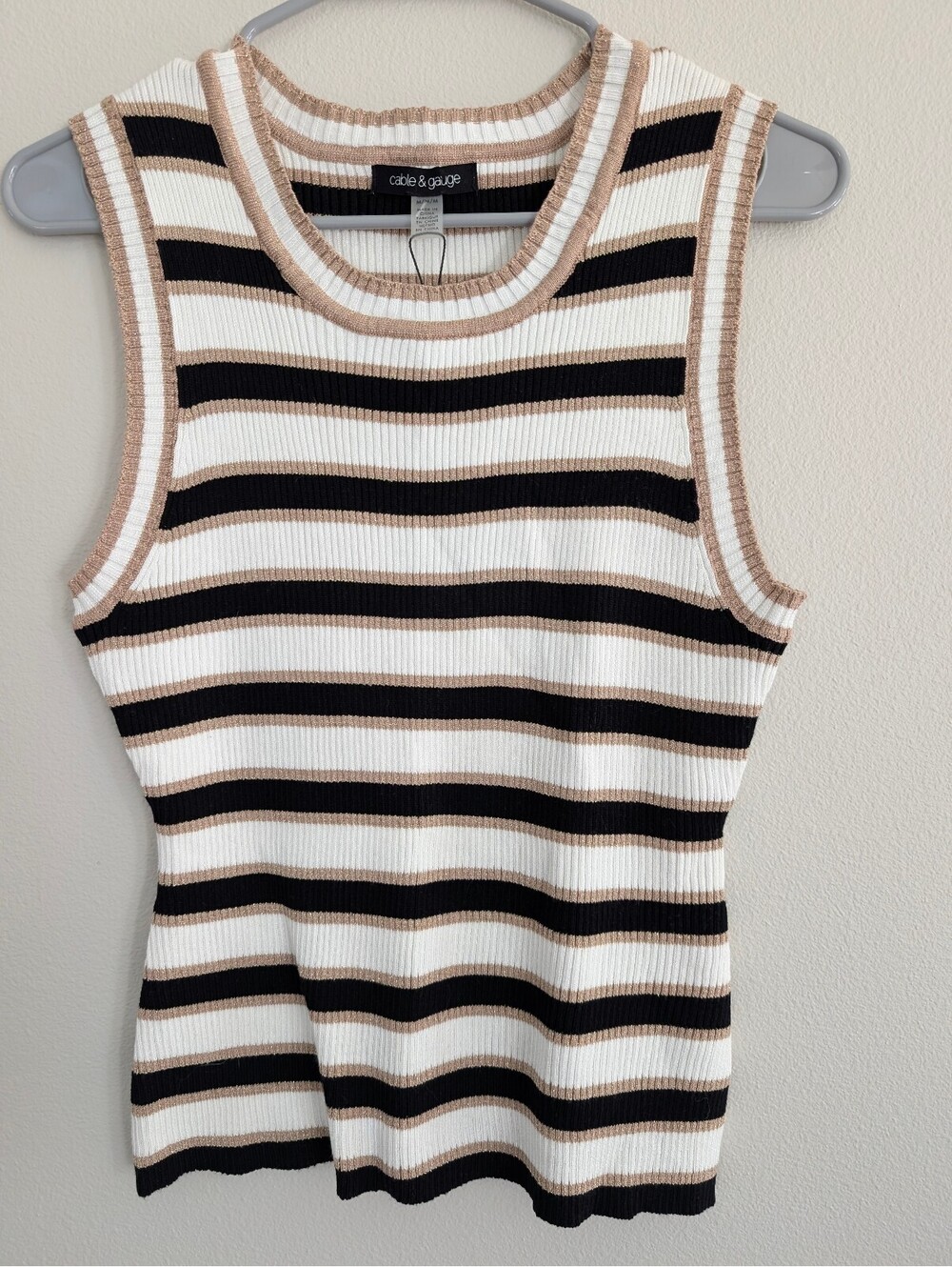 Cable & Gauge NWT Ribbed Striped Sleeveless Sweater Tank Black Gold Ivory M